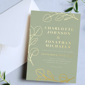 Modern Eenvoudig blad Sage Groen en Goud Folie Uitnodiging