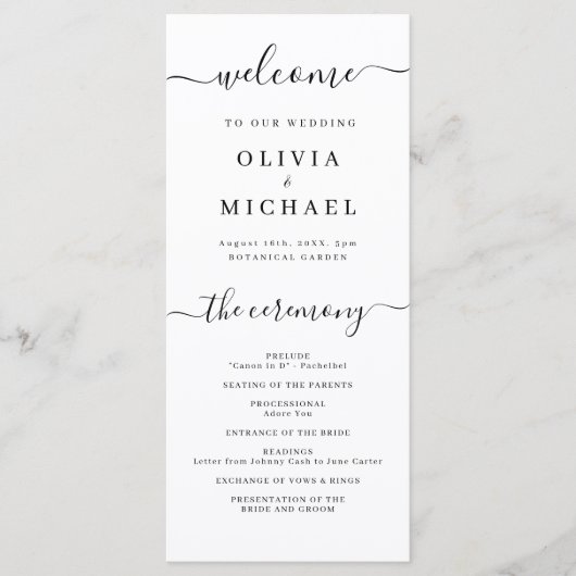 Modern eenvoudig elegant script bruiloft programma (Voorkant)