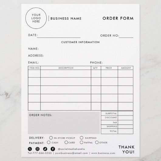 Modern eenvoudig formeel bestelformulier (Voorkant)
