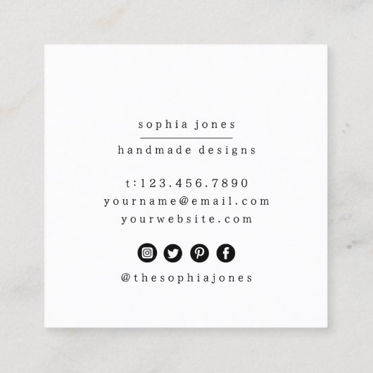 Modern eenvoudig handgemaakt script zwart wit vierkante visitekaartje (Achterkant)