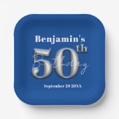 Modern Eenvoudig Koninklijk Blauw en Zilver 50ste Papieren Bordje (Voorkant)