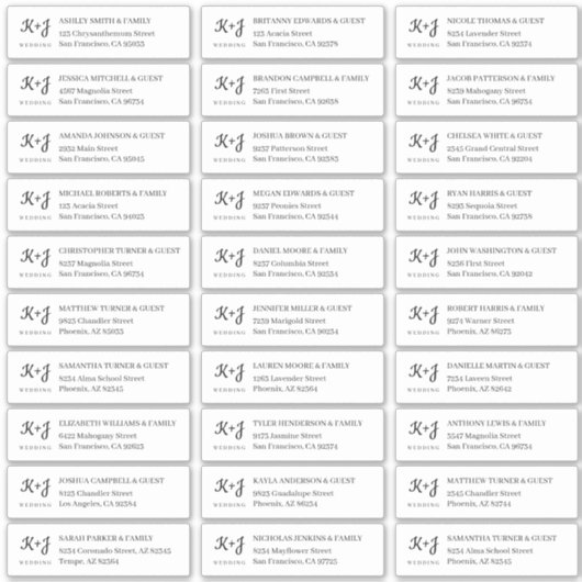 Modern Eenvoudig Monogram Bruiloft Gast Namen Adre Sticker (Voorkant)