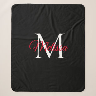 Modern eenvoudig monogram zwart rood sherpa deken
