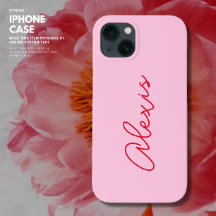 Modern Eenvoudig Roze en Rode Naam Script Monogram iPhone 13 Hoesje