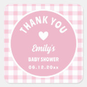 Modern Eenvoudig Roze Gingham Baby shower Dank u Vierkante Sticker (Voorkant)
