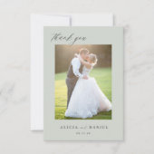 Modern eenvoudig script 2 foto's salie groen bruil bedankkaart (Voorkant)