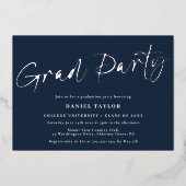 Modern Eenvoudig Script Blauw Zilver Afstudeerfees Folie Uitnodiging (Voorkant)