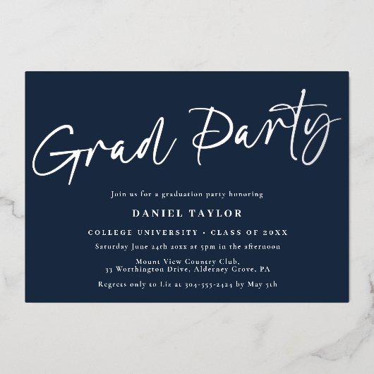 Modern Eenvoudig Script Blauw Zilver Afstudeerfees Folie Uitnodiging (Voorkant)