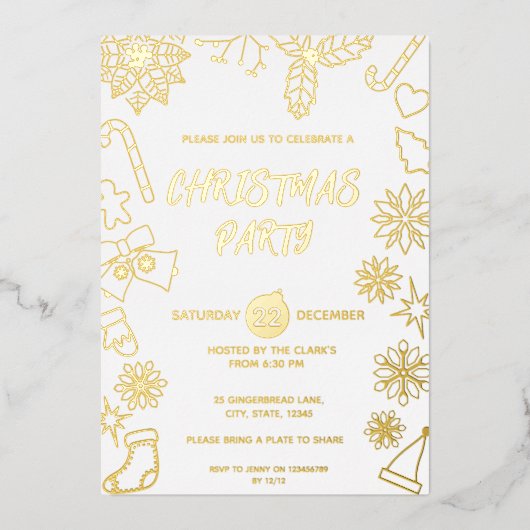 Modern Eenvoudig Wit en Goud Elegant Kerstfeest Folie Uitnodiging (Voorkant)