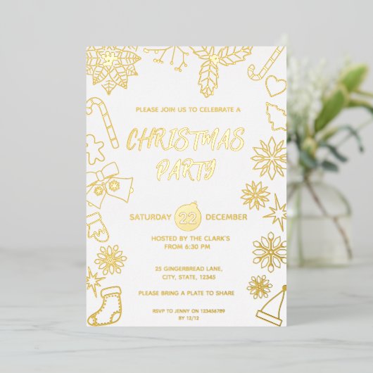 Modern Eenvoudig Wit en Goud Elegant Kerstfeest Folie Uitnodiging (Staand Voorkant)