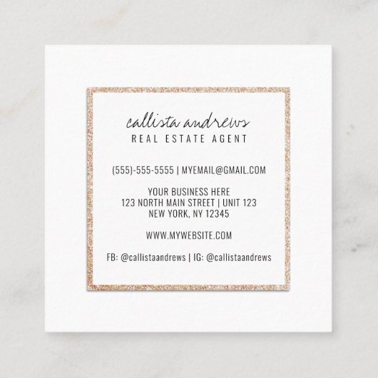 Modern Eenvoudig Wit Goud Glitter Diamantplein Vierkante Visitekaartje (Achterkant)