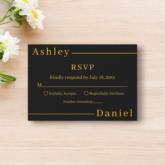 Modern eenvoudig zwart en goud elegante chique bru RSVP kaartje