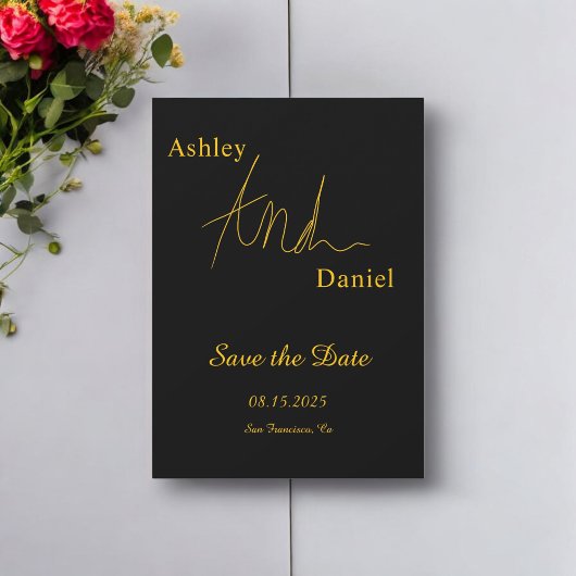 Modern eenvoudig zwart en goud elegante chique bru save the date