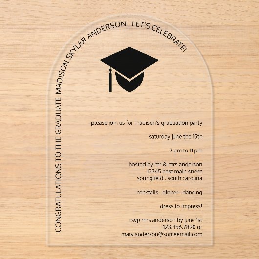 Modern eenvoudig zwart Pet N Tassel Arch Afstudere Acryl Uitnodigingen (Voorkant)