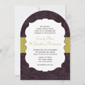 Modern Eggplant en Limoen Damask Wedding Invite Kaart (Voorkant)