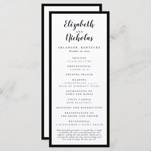 Modern Elegance Black and White Wedding Programma (Voorkant / Achterkant)