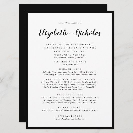 Modern Elegance Black and White Wedding Reception Programma (Voorkant / Achterkant)