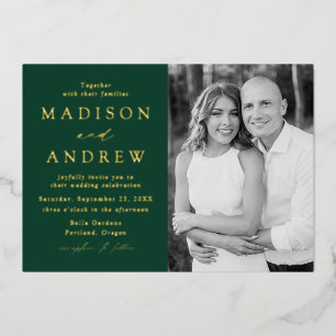 Modern Elegance Green and Gold Photo Wedding Folie Uitnodiging