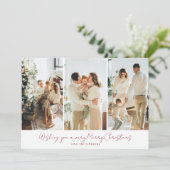 Modern Elegant 3 Photo Red Script Feestdagenkaart (Staand voorkant)