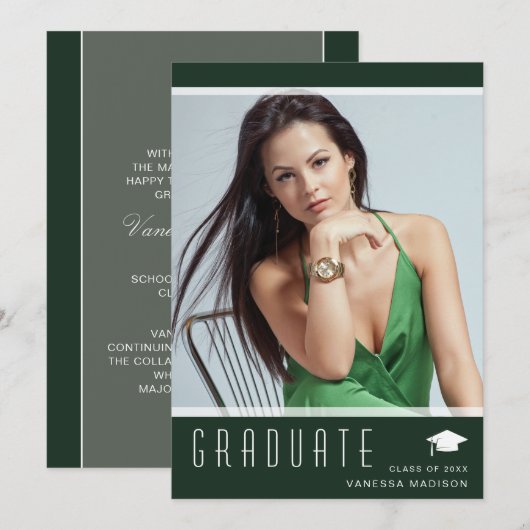 Modern Elegant Afstuderen stijlvol foto groen Aankondiging (Voorkant / Achterkant)