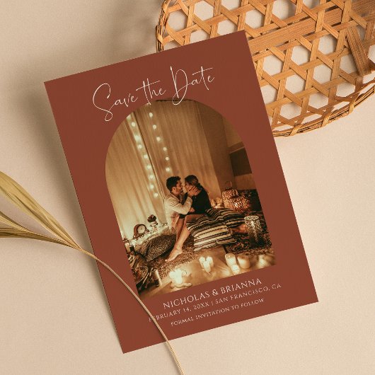 Modern Elegant Arch Foto Terracotta Boho Wedding Save The Date