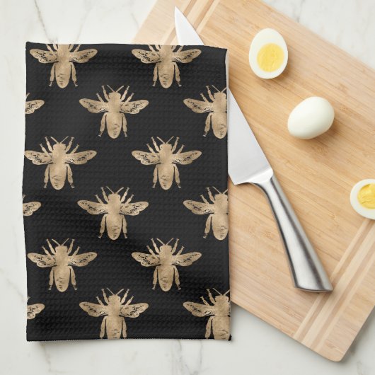 Modern Elegant Black and Gold Bee Pattern Kitchen Theedoek (Quarter Fold)