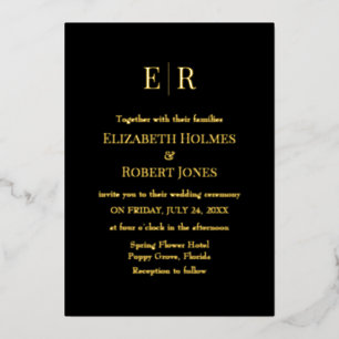 Modern Elegant Black and Gold Monogram Wedding Folie Uitnodiging