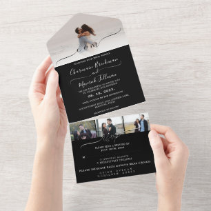 Modern Elegant Black and White/ Photo RSVP Wedding All In One Uitnodiging