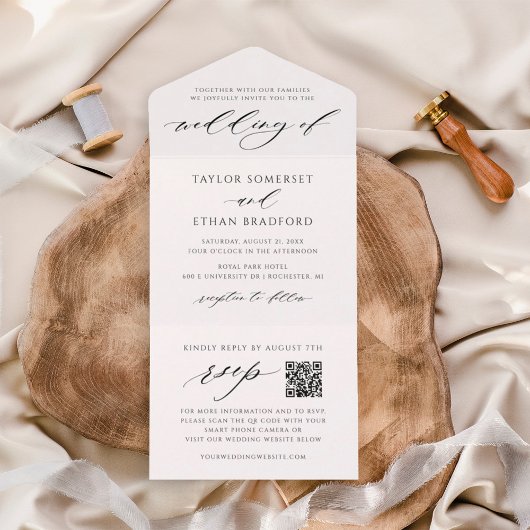 Modern Elegant Black and White QR Code Wedding All In One Uitnodiging