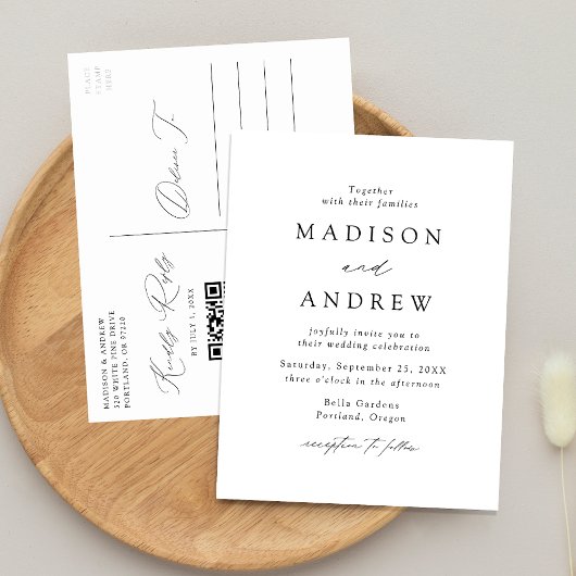 Modern Elegant Black and White QR Code Wedding Uitnodiging Briefkaart