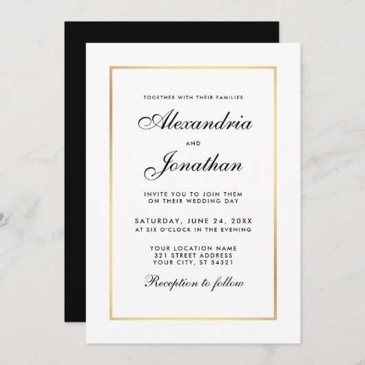 Modern Elegant Black and White Wedding Invitation Kaart (Voorkant / Achterkant)