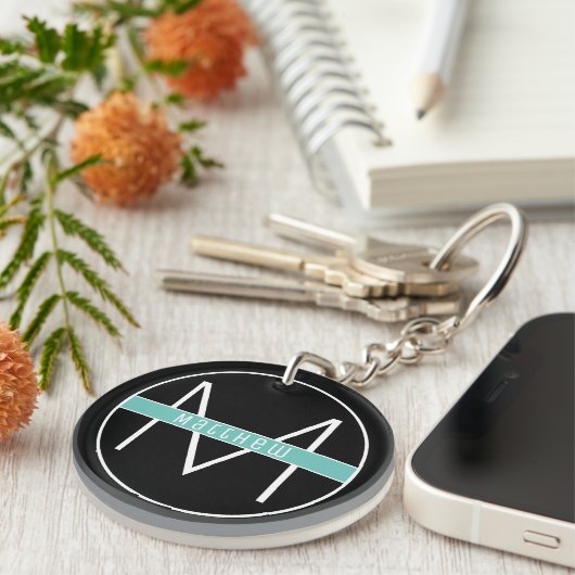 Modern Elegant Black & Blue Custom Name Monogram Sleutelhanger (Voorkant Rechts)