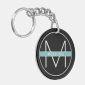 Modern Elegant Black & Blue Custom Name Monogram Sleutelhanger (Voorkant Links)