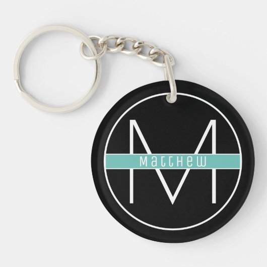 Modern Elegant Black & Blue Custom Name Monogram Sleutelhanger (Voorkant)