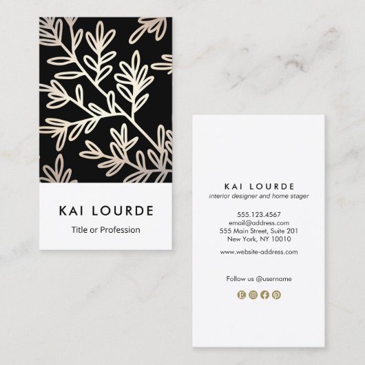 Modern elegant Black en Gold Leaf Pattern Visitekaartje (Voorkant / Achterkant)