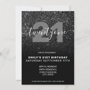 Modern Elegant Black Glitter 21st Birthday Kaart