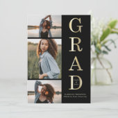 Modern Elegant Black Gold 3 Foto Afstuderen Kaart (Staand voorkant)