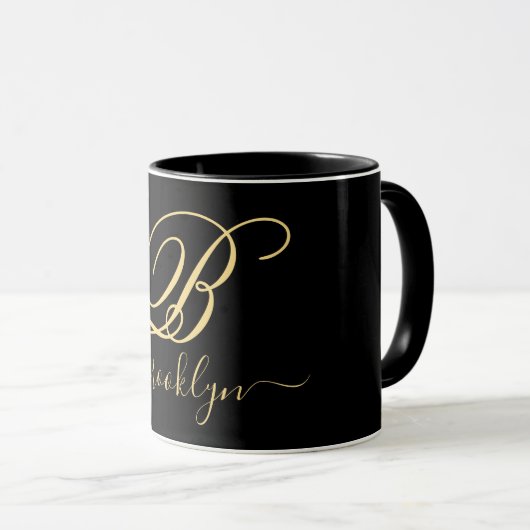 Modern Elegant Black Gold Handwrited Monogramed Mok (Voorkant rechts)