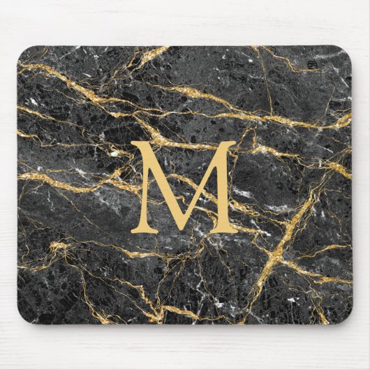 Modern Elegant Black Gold Marble Monogram Muismat (Voorkant)