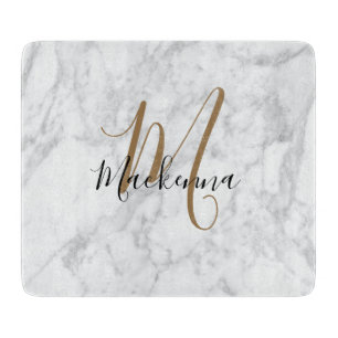 Modern Elegant Black Gold Monogram Luxe Marble Snijplank