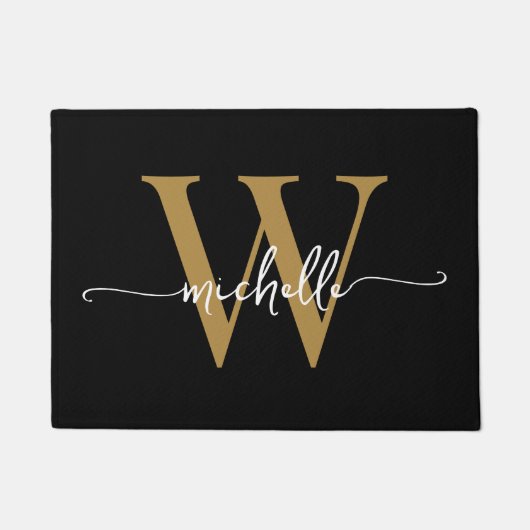 Modern Elegant Black Gold Monogram Name Script Doo Deurmat (Voorkant)