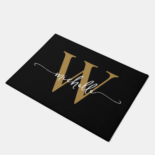 Modern Elegant Black Gold Monogram Name Script Doo Deurmat (Schuin)