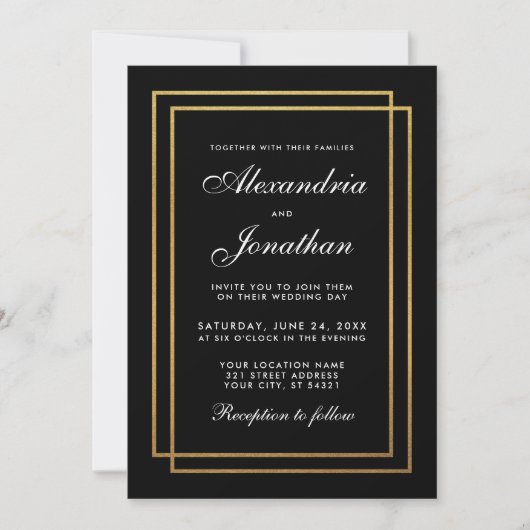 Modern Elegant Black Gold Wedding Invitation Kaart (Voorkant)