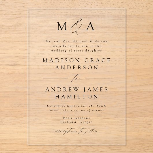 Modern Elegant Black Script Monogram Weddenschap Acryl Uitnodigingen (Voorkant)