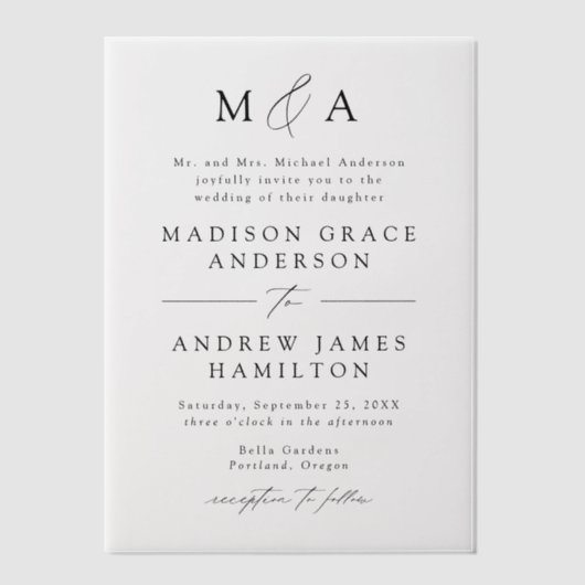 Modern Elegant Black Script Monogram Weddenschap Vellum Uitnodigingen (Voorkant)