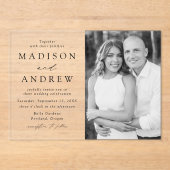 Modern Elegant Black Script Photo Wedding Acryl Uitnodigingen (Voorkant)