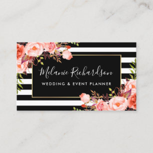 Modern Elegant Black Striped Coral Floral Visitekaartje