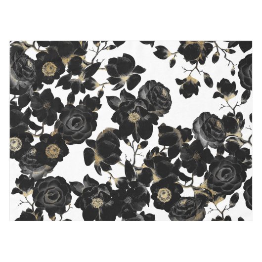 Modern Elegant Black White en Gold Floral Pattern Tafelkleed (Voorkant (Horizontaal))
