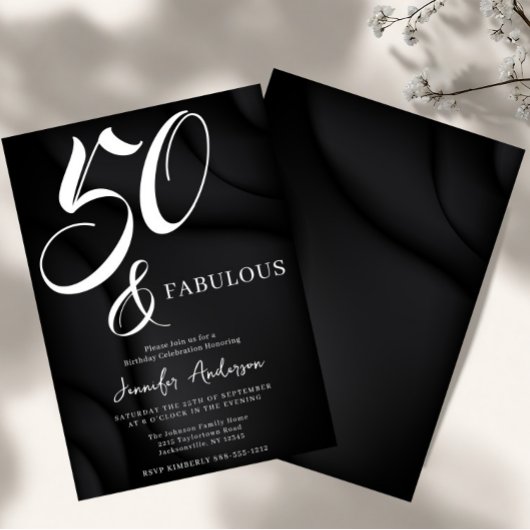 Modern Elegant Black White Fifty Fabulous Birthday Kaart