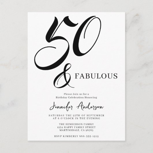 Modern Elegant Black White Fifty Fabulous Birthday Uitnodiging Briefkaart (Voorkant)